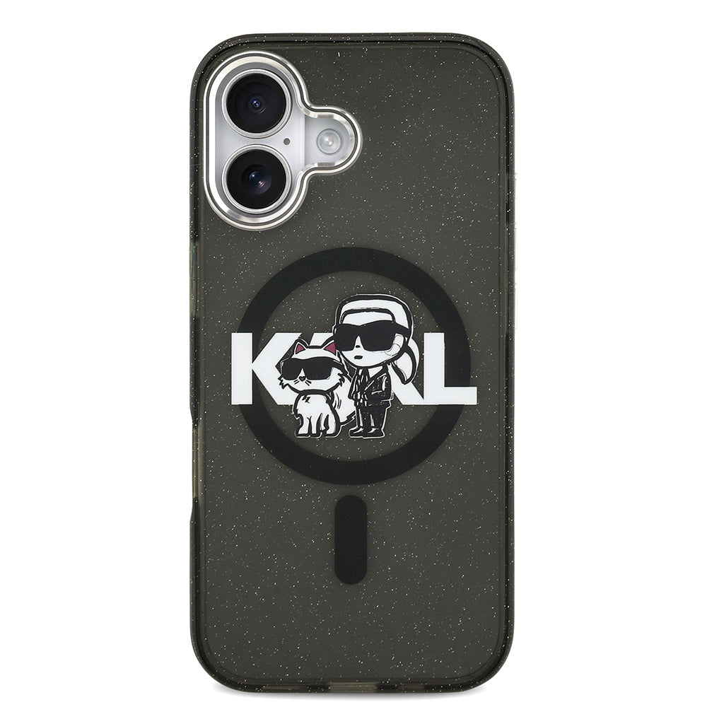 Apple iPhone 17 Kılıf Karl Lagerfeld Orjinal Lisanslı Parlayan Simli Karl & Choupette Sketch Logo Kapak
