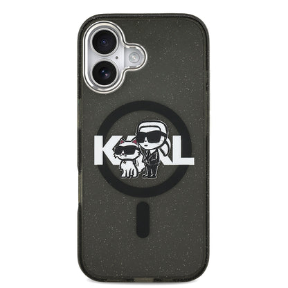 Apple iPhone 17 Kılıf Karl Lagerfeld Orjinal Lisanslı Parlayan Simli Karl & Choupette Sketch Logo Kapak