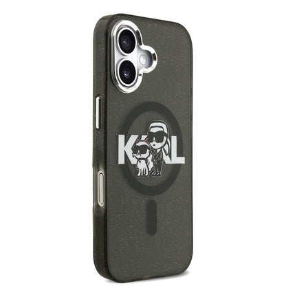 Apple iPhone 17 Kılıf Karl Lagerfeld Orjinal Lisanslı Parlayan Simli Karl & Choupette Sketch Logo Kapak