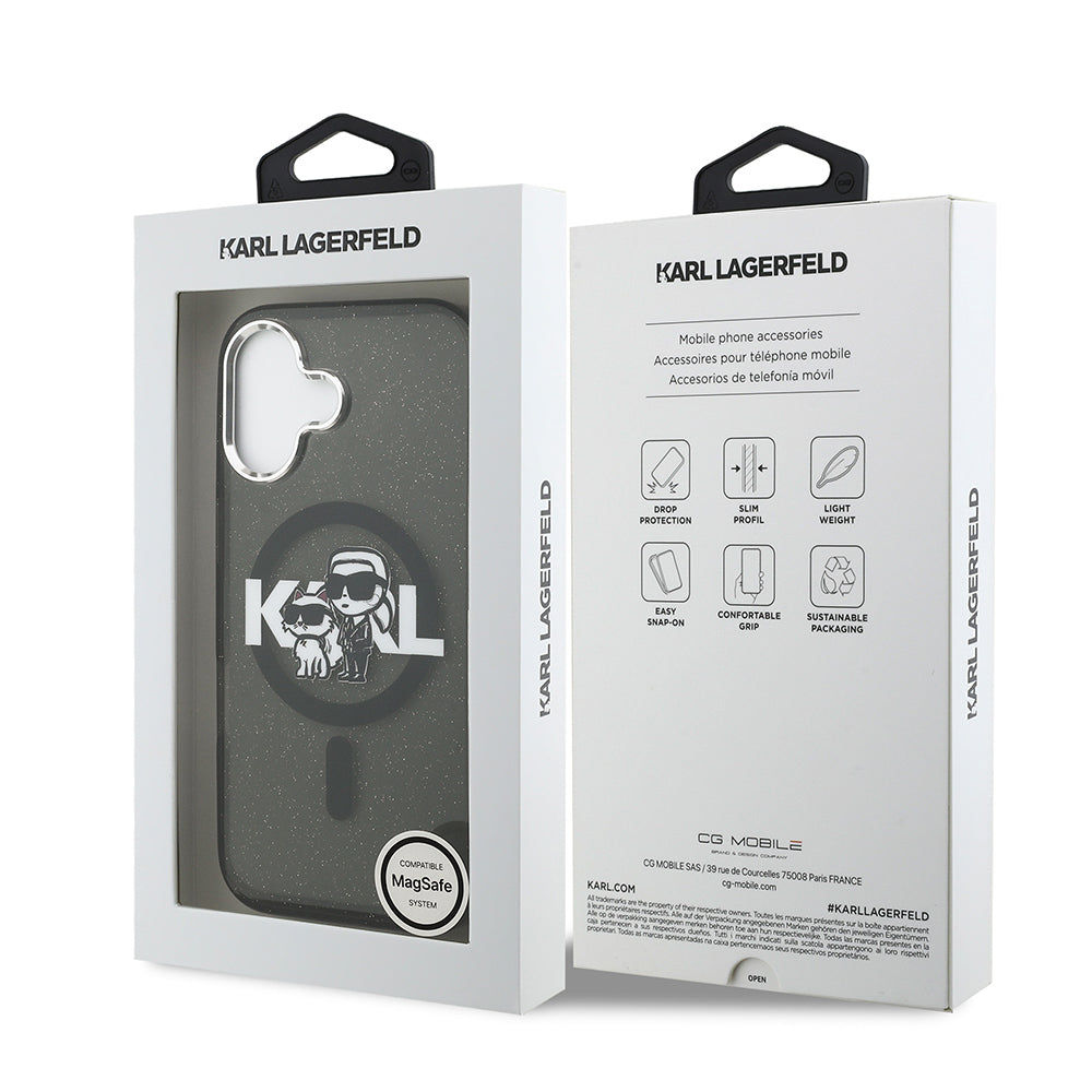 Apple iPhone 17 Kılıf Karl Lagerfeld Orjinal Lisanslı Parlayan Simli Karl & Choupette Sketch Logo Kapak