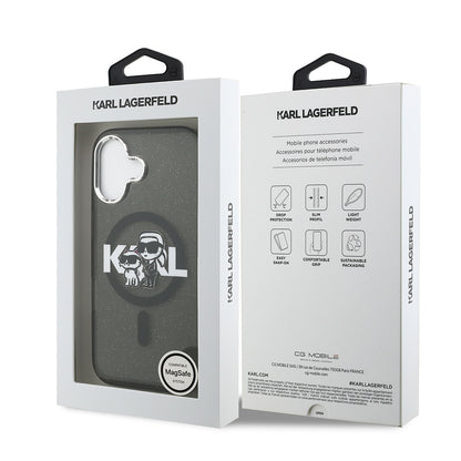 Apple iPhone 17 Kılıf Karl Lagerfeld Orjinal Lisanslı Parlayan Simli Karl & Choupette Sketch Logo Kapak
