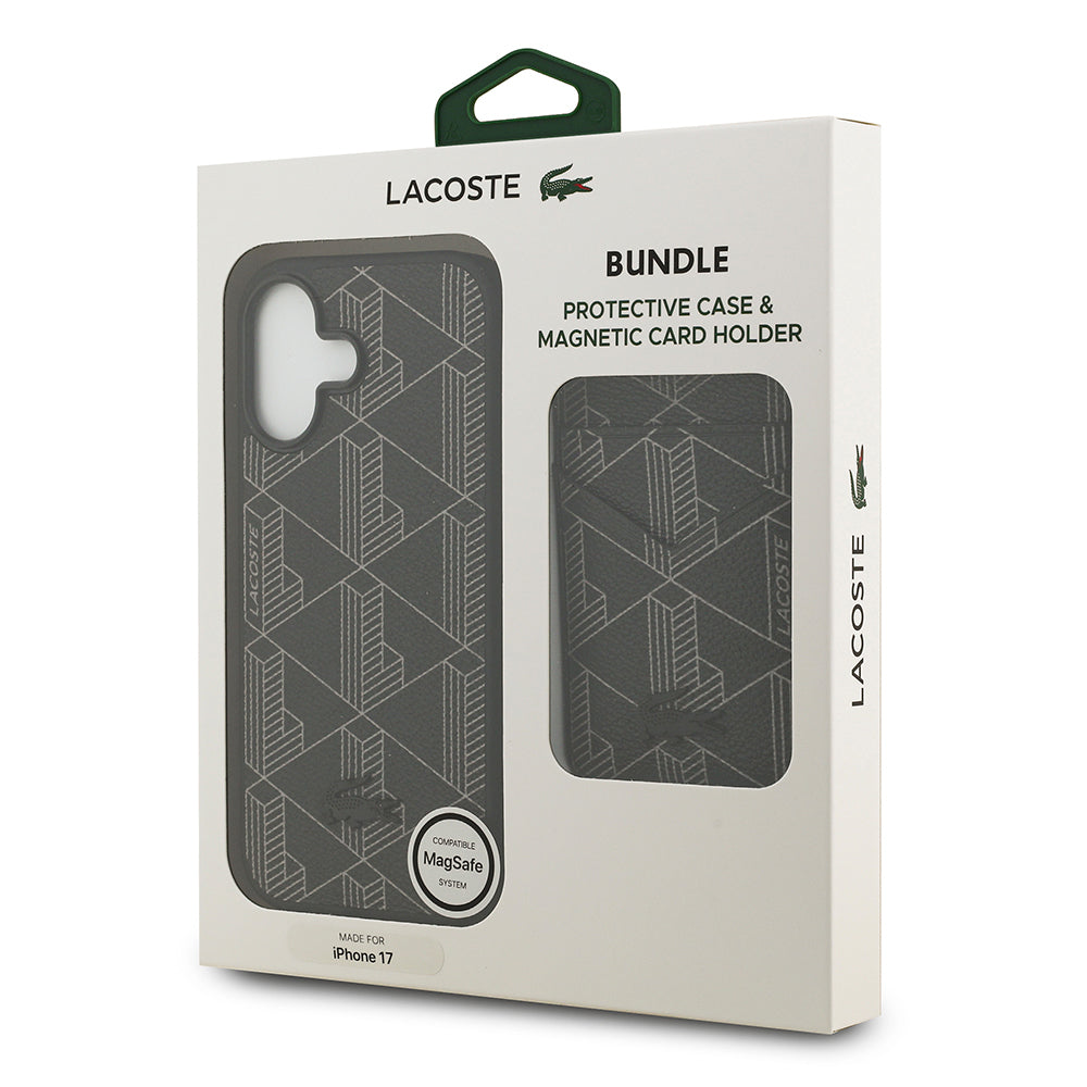 Apple iPhone 17 Kılıf Lacoste Orjinal Lisanslı M-safe Şarj Özellikli PU Deri Tasarımlı Kartlıklı Karışık Monogram Desenli Kapak