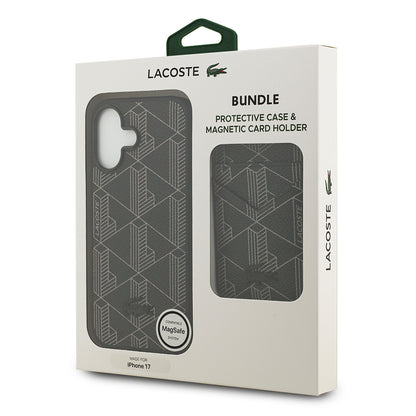 Apple iPhone 17 Kılıf Lacoste Orjinal Lisanslı M-safe Şarj Özellikli PU Deri Tasarımlı Kartlıklı Karışık Monogram Desenli Kapak