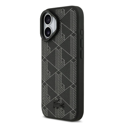 Apple iPhone 17 Kılıf Lacoste Orjinal Lisanslı M-safe Şarj Özellikli Standlı PU Deri Karışık Monogram Desenli Kapak