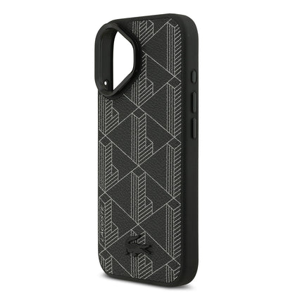 Apple iPhone 17 Kılıf Lacoste Orjinal Lisanslı M-safe Şarj Özellikli Standlı PU Deri Karışık Monogram Desenli Kapak