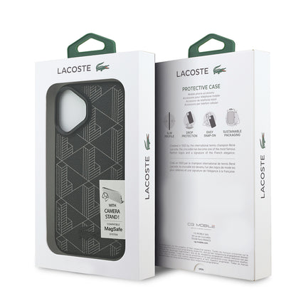 Apple iPhone 17 Kılıf Lacoste Orjinal Lisanslı M-safe Şarj Özellikli Standlı PU Deri Karışık Monogram Desenli Kapak