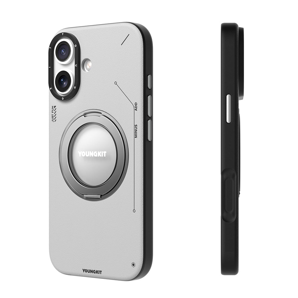 Apple iPhone 17 Kılıf M-safe Şarj Özellikli 360 Derece Standlı Basit Mat Deri Desenli Youngkit Tech Leather Serisi Kapak