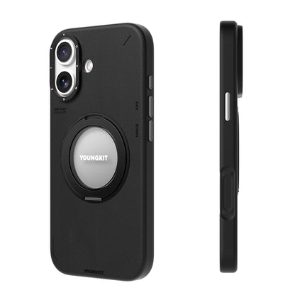 Apple iPhone 17 Kılıf M-safe Şarj Özellikli 360 Derece Standlı Basit Mat Deri Desenli Youngkit Tech Leather Serisi Kapak