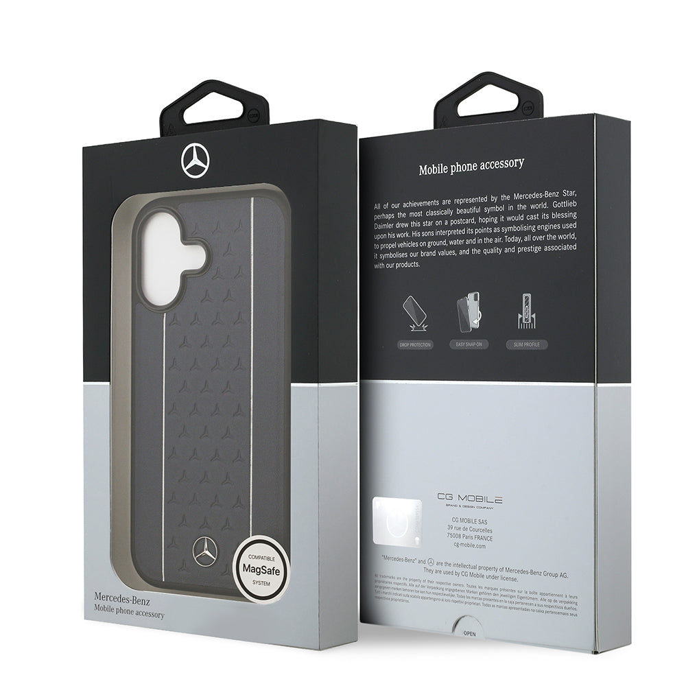 Apple iPhone 17 Kılıf Mercedes Benz Orjinal Lisanslı M-safe Şarj Özellikli Şeritli Yıldız Desenli Metal Logolu Deri Kapak