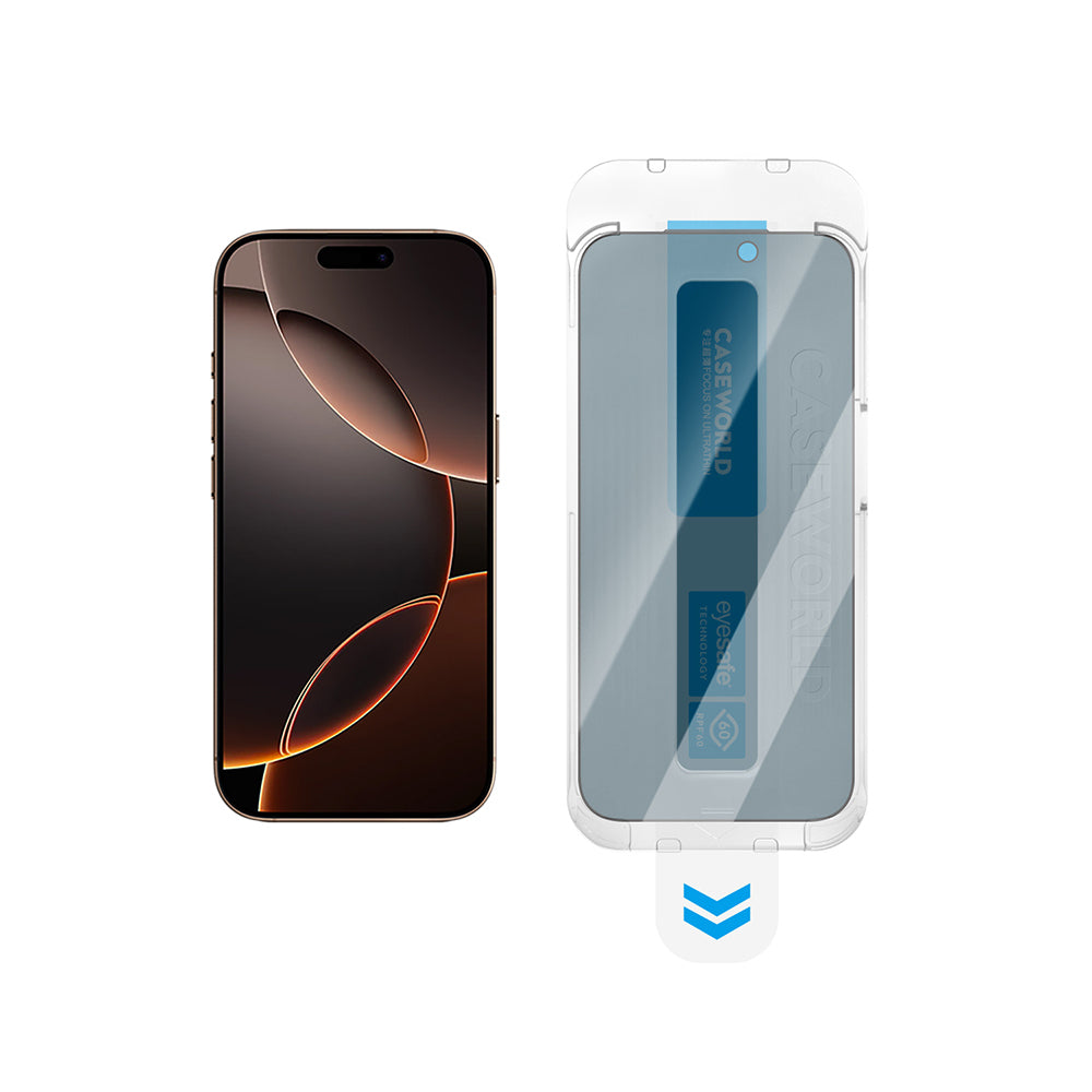 Apple iPhone 17 Pro CaseWorld Applicator Serisi 2.5D Eyesafe Mavi Işık Teknolojili 0.33mm Privacy Temperli Cam Ekran Koruyucu + Uygulama Aparatı