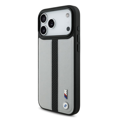 Apple iPhone 17 Pro Kılıf BMW Orjinal Lisanslı M-safe Şarj Özellikli Deri Arka Yüzey Metal Logolu Delikli Şerit Tasarımlı Kapak