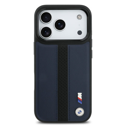 Apple iPhone 17 Pro Kılıf BMW Orjinal Lisanslı M-safe Şarj Özellikli Deri Arka Yüzey Metal Logolu Delikli Şerit Tasarımlı Kapak
