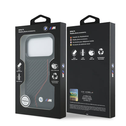 Apple iPhone 17 Pro Kılıf BMW Orjinal Lisanslı M-safe Şarj Özellikli Metal BMW ve M Logolu PU Karbon Tasarımlı Kapak
