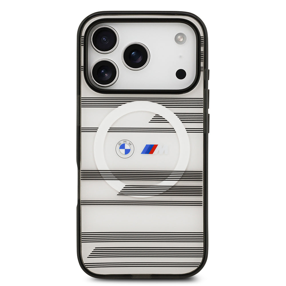 Apple iPhone 17 Pro Kılıf BMW Orjinal Lisanslı M-safe Şarj Özellikli Metal Kamera Butonlu Yatay Şeritli M Dizayn Kapak