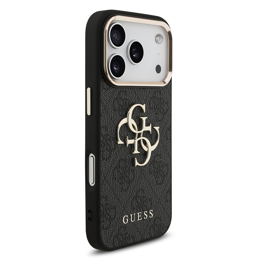 Apple iPhone 17 Pro Kılıf Guess Orjinal Lisanslı Gold Metal Kamera Çerçeveli 4G Desenli Metal Büyük 4G ve Yazı Logolu Kapak