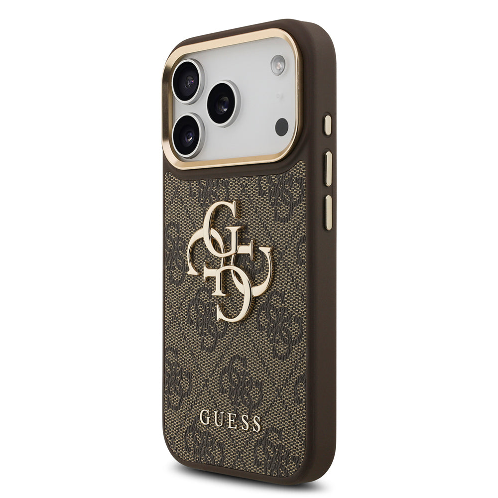 Apple iPhone 17 Pro Kılıf Guess Orjinal Lisanslı Gold Metal Kamera Çerçeveli 4G Desenli Metal Büyük 4G ve Yazı Logolu Kapak