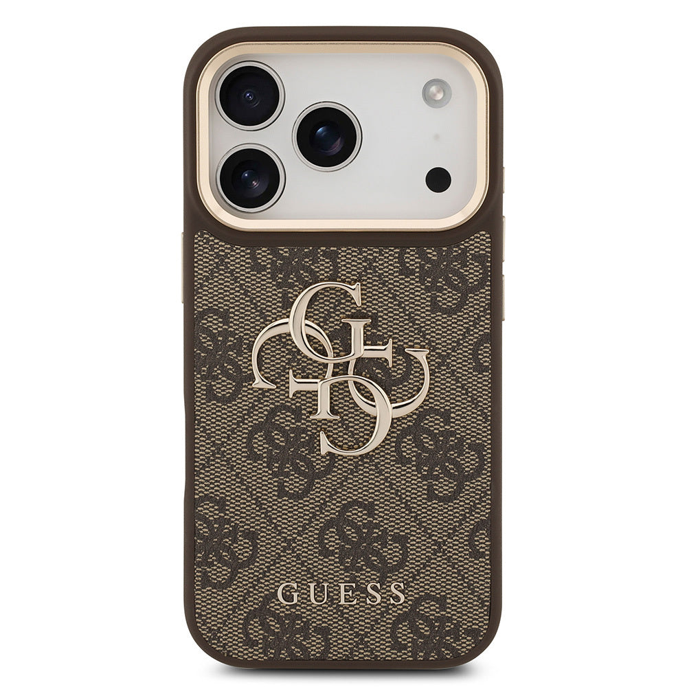 Apple iPhone 17 Pro Kılıf Guess Orjinal Lisanslı Gold Metal Kamera Çerçeveli 4G Desenli Metal Büyük 4G ve Yazı Logolu Kapak