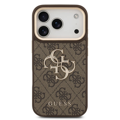 Apple iPhone 17 Pro Kılıf Guess Orjinal Lisanslı Gold Metal Kamera Çerçeveli 4G Desenli Metal Büyük 4G ve Yazı Logolu Kapak