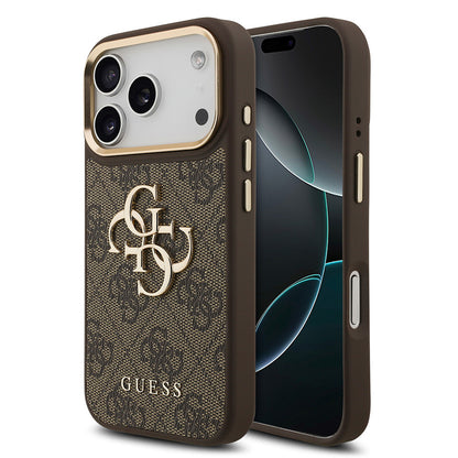 Apple iPhone 17 Pro Kılıf Guess Orjinal Lisanslı Gold Metal Kamera Çerçeveli 4G Desenli Metal Büyük 4G ve Yazı Logolu Kapak