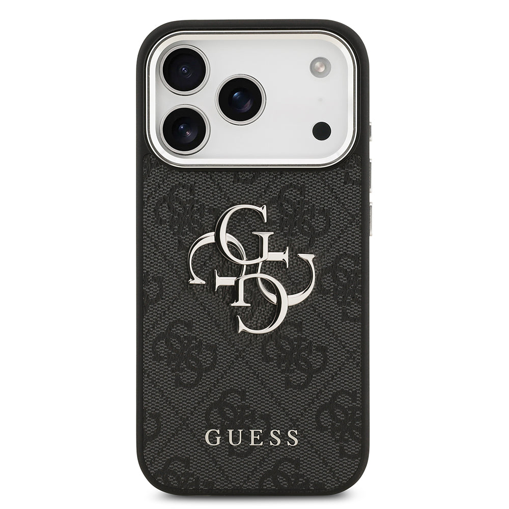 Apple iPhone 17 Pro Kılıf Guess Orjinal Lisanslı Gümüş Metal Kamera Çerçeveli 4G Desenli Metal Büyük 4G ve Yazı Logolu Kapak