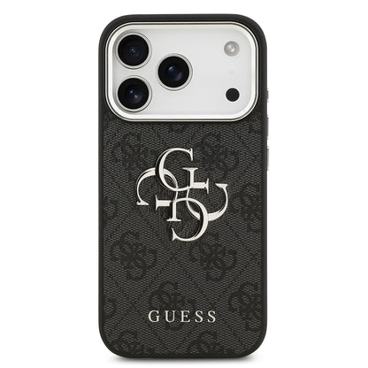 Apple iPhone 17 Pro Kılıf Guess Orjinal Lisanslı Gümüş Metal Kamera Çerçeveli 4G Desenli Metal Büyük 4G ve Yazı Logolu Kapak