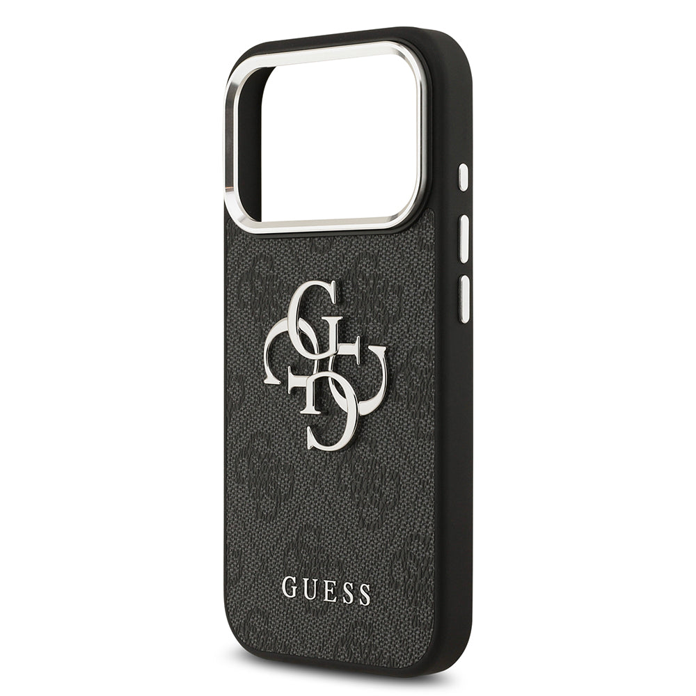 Apple iPhone 17 Pro Kılıf Guess Orjinal Lisanslı Gümüş Metal Kamera Çerçeveli 4G Desenli Metal Büyük 4G ve Yazı Logolu Kapak