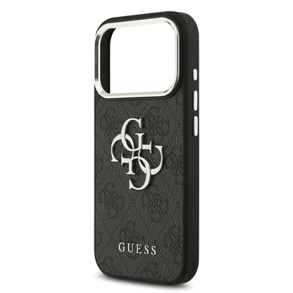 Apple iPhone 17 Pro Kılıf Guess Orjinal Lisanslı Gümüş Metal Kamera Çerçeveli 4G Desenli Metal Büyük 4G ve Yazı Logolu Kapak