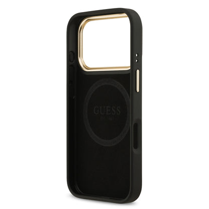 Apple iPhone 17 Pro Kılıf Guess Orjinal Lisanslı M-safe Şarj Özellikli 4G Desenli PU Metal Plaka Klasik Logolu Kapak
