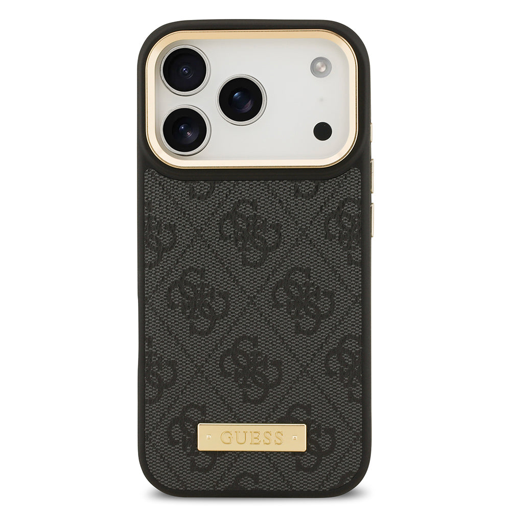 Apple iPhone 17 Pro Kılıf Guess Orjinal Lisanslı M-safe Şarj Özellikli 4G Desenli PU Metal Plaka Klasik Logolu Kapak