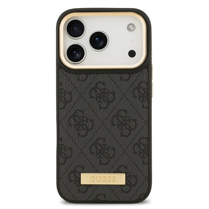 Apple iPhone 17 Pro Kılıf Guess Orjinal Lisanslı M-safe Şarj Özellikli 4G Desenli PU Metal Plaka Klasik Logolu Kapak