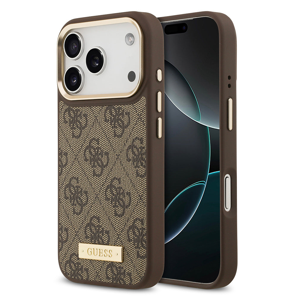 Apple iPhone 17 Pro Kılıf Guess Orjinal Lisanslı M-safe Şarj Özellikli 4G Desenli PU Metal Plaka Klasik Logolu Kapak