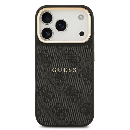 Apple iPhone 17 Pro Kılıf Guess Orjinal Lisanslı M-safe Şarj Özellikli Gold Metal Kamera Çerçeveli PU Deri 4G Desenli Yazı Logolu Kapak