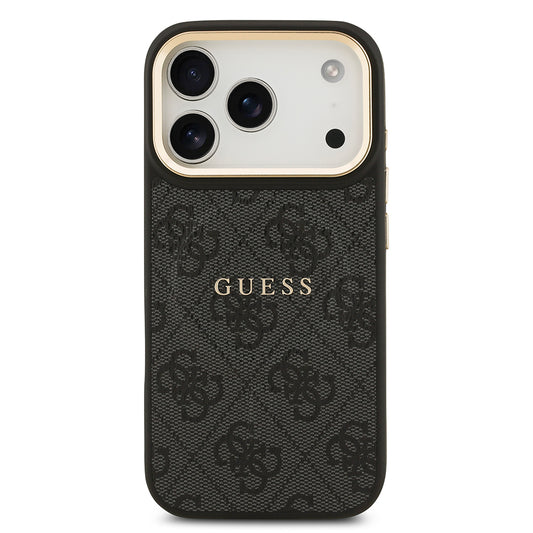 Apple iPhone 17 Pro Kılıf Guess Orjinal Lisanslı M-safe Şarj Özellikli Gold Metal Kamera Çerçeveli PU Deri 4G Desenli Yazı Logolu Kapak