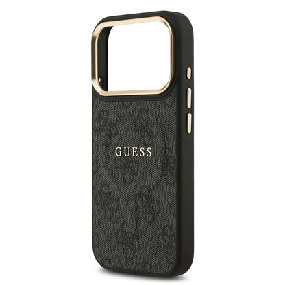 Apple iPhone 17 Pro Kılıf Guess Orjinal Lisanslı M-safe Şarj Özellikli Gold Metal Kamera Çerçeveli PU Deri 4G Desenli Yazı Logolu Kapak