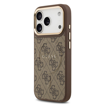 Apple iPhone 17 Pro Kılıf Guess Orjinal Lisanslı M-safe Şarj Özellikli Gold Metal Kamera Çerçeveli PU Deri 4G Desenli Yazı Logolu Kapak