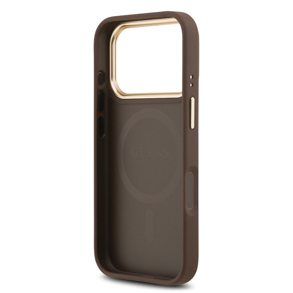 Apple iPhone 17 Pro Kılıf Guess Orjinal Lisanslı M-safe Şarj Özellikli Gold Metal Kamera Çerçeveli PU Deri 4G Desenli Yazı Logolu Kapak