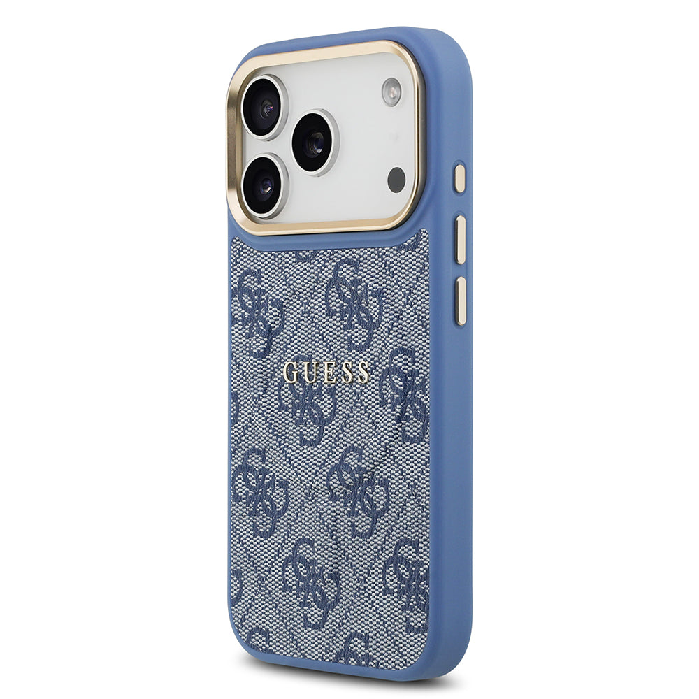 Apple iPhone 17 Pro Kılıf Guess Orjinal Lisanslı M-safe Şarj Özellikli Gold Metal Kamera Çerçeveli PU Deri 4G Desenli Yazı Logolu Kapak