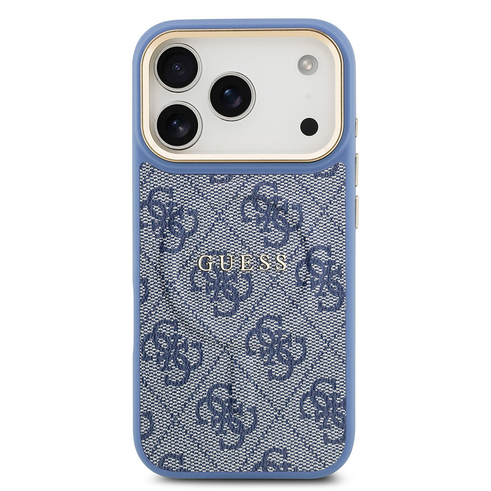 Apple iPhone 17 Pro Kılıf Guess Orjinal Lisanslı M-safe Şarj Özellikli Gold Metal Kamera Çerçeveli PU Deri 4G Desenli Yazı Logolu Kapak