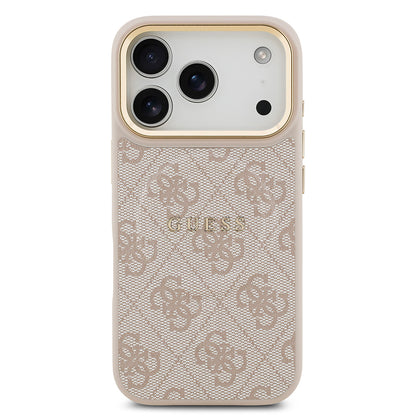 Apple iPhone 17 Pro Kılıf Guess Orjinal Lisanslı M-safe Şarj Özellikli Gold Metal Kamera Çerçeveli PU Deri 4G Desenli Yazı Logolu Kapak