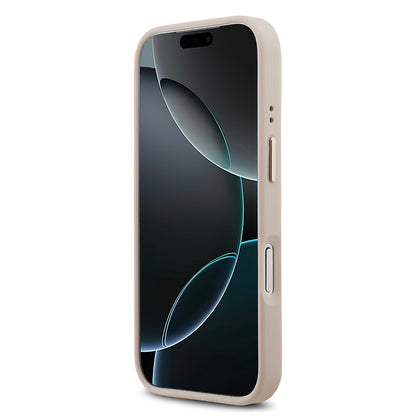 Apple iPhone 17 Pro Kılıf Guess Orjinal Lisanslı M-safe Şarj Özellikli Gold Metal Kamera Çerçeveli PU Deri 4G Desenli Yazı Logolu Kapak