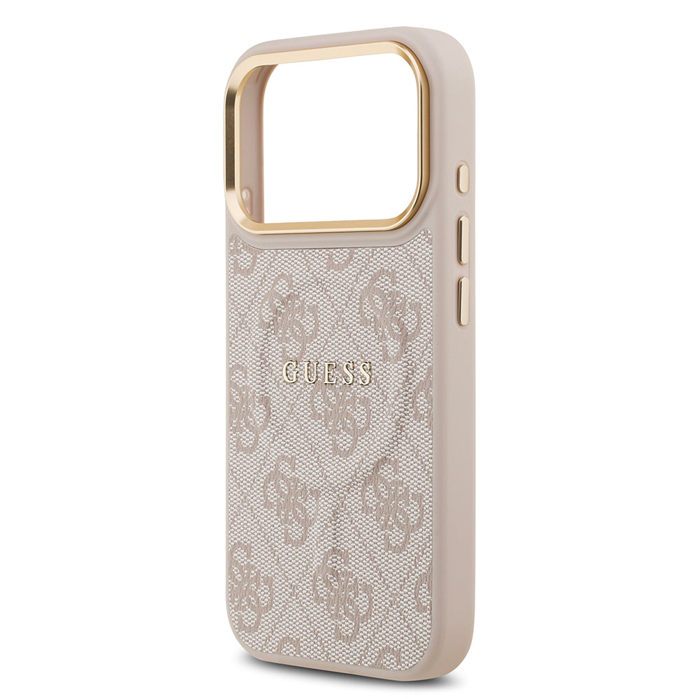 Apple iPhone 17 Pro Kılıf Guess Orjinal Lisanslı M-safe Şarj Özellikli Gold Metal Kamera Çerçeveli PU Deri 4G Desenli Yazı Logolu Kapak