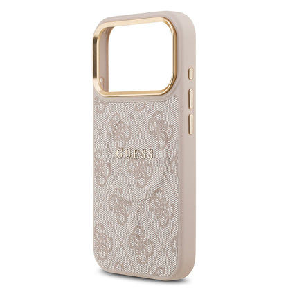 Apple iPhone 17 Pro Kılıf Guess Orjinal Lisanslı M-safe Şarj Özellikli Gold Metal Kamera Çerçeveli PU Deri 4G Desenli Yazı Logolu Kapak