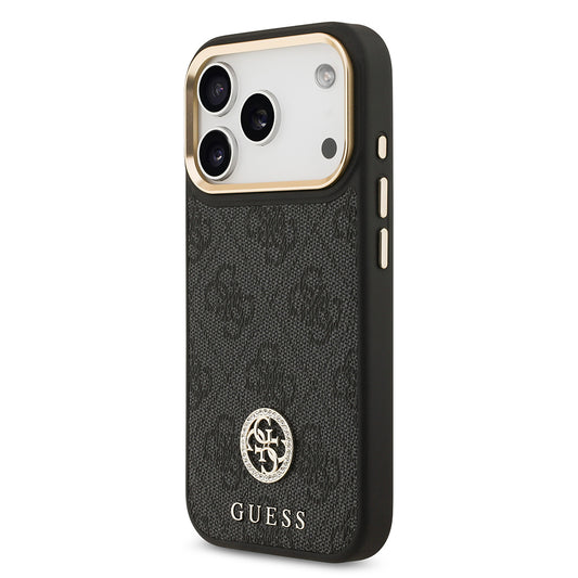 Apple iPhone 17 Pro Kılıf Guess Orjinal Lisanslı M-safe Şarj Özellikli Gold Metal Kamera Çerçeveli Taşlı 4G Logolu Kapak