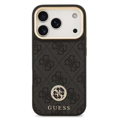 Apple iPhone 17 Pro Kılıf Guess Orjinal Lisanslı M-safe Şarj Özellikli Gold Metal Kamera Çerçeveli Taşlı 4G Logolu Kapak