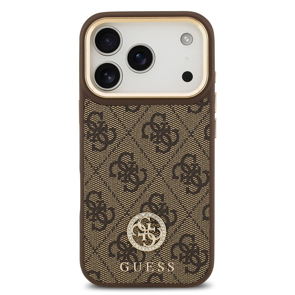 Apple iPhone 17 Pro Kılıf Guess Orjinal Lisanslı M-safe Şarj Özellikli Gold Metal Kamera Çerçeveli Taşlı 4G Logolu Kapak