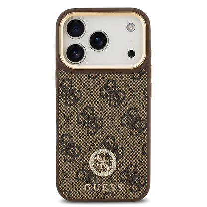 Apple iPhone 17 Pro Kılıf Guess Orjinal Lisanslı M-safe Şarj Özellikli Gold Metal Kamera Çerçeveli Taşlı 4G Logolu Kapak