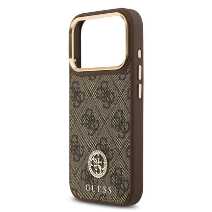 Apple iPhone 17 Pro Kılıf Guess Orjinal Lisanslı M-safe Şarj Özellikli Gold Metal Kamera Çerçeveli Taşlı 4G Logolu Kapak