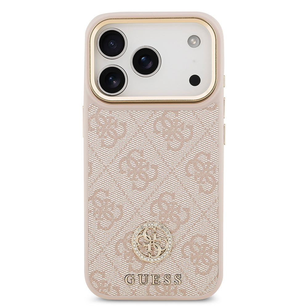 Apple iPhone 17 Pro Kılıf Guess Orjinal Lisanslı M-safe Şarj Özellikli Gold Metal Kamera Çerçeveli Taşlı 4G Logolu Kapak