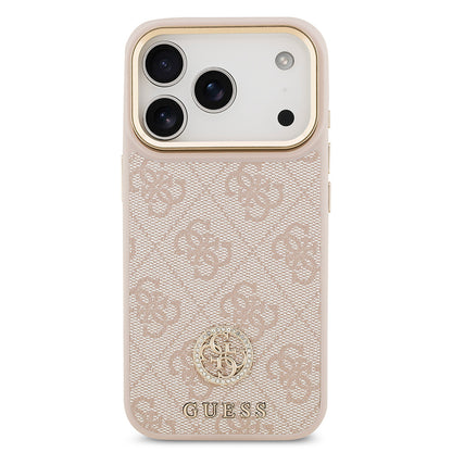 Apple iPhone 17 Pro Kılıf Guess Orjinal Lisanslı M-safe Şarj Özellikli Gold Metal Kamera Çerçeveli Taşlı 4G Logolu Kapak