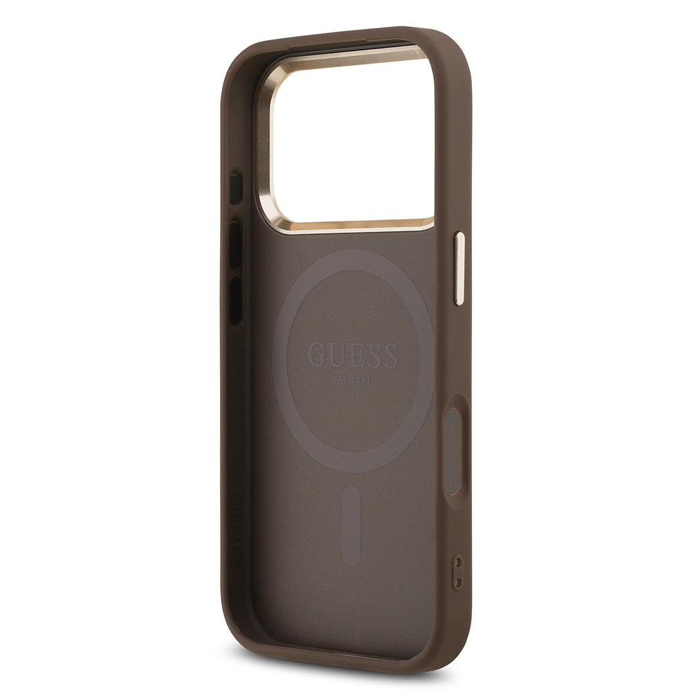 Apple iPhone 17 Pro Kılıf Guess Orjinal Lisanslı M-safe Şarj Özellikli Gold Metal Kamera Çerçeveli Taşlı Üçgen Logo 4G Desenli Kapak